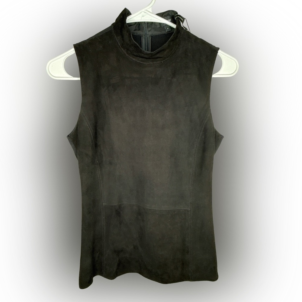THEORY NWT Top Eulia Women’s XS P Suede Black Lamb Leather Mock Neck Sleeveless